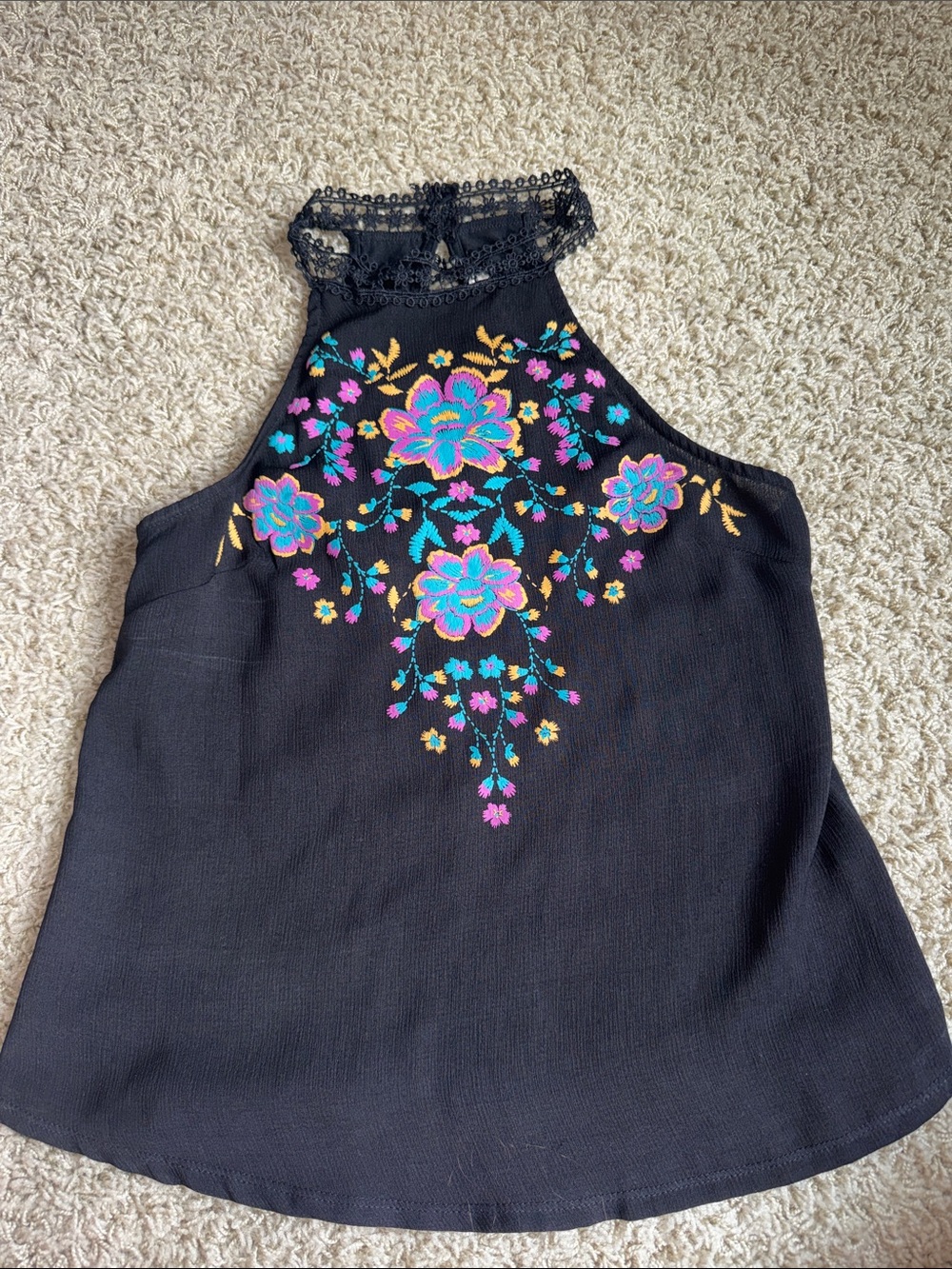 About A Girl Black Halter Camisole with Multicolor Floral Embroidery